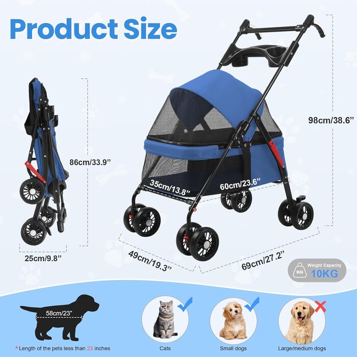 Складана візок для тварин до 10 кг з амортизаторами 360° та сонцезахистом - Легкий вигулювач для котів/маленьких собак (Чорний/Синій)