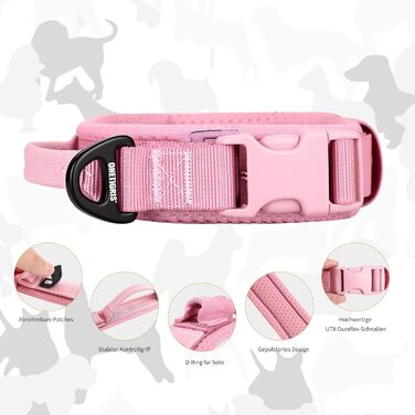 Нашийник для собак OneTigri, тактичний, м'який, з широкою кунттофчасною застібкою та кільцем з алюмінієвого сплаву, (30-40 см), рожевий, XS