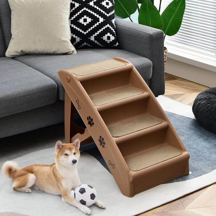 Сходинки для домашніх тварин GYMAX з 4 сходинками, складані, з пластику, з неслизькими підкладками, 4 килимками, трикутною структурою, для котів та собак (колір кавовий)