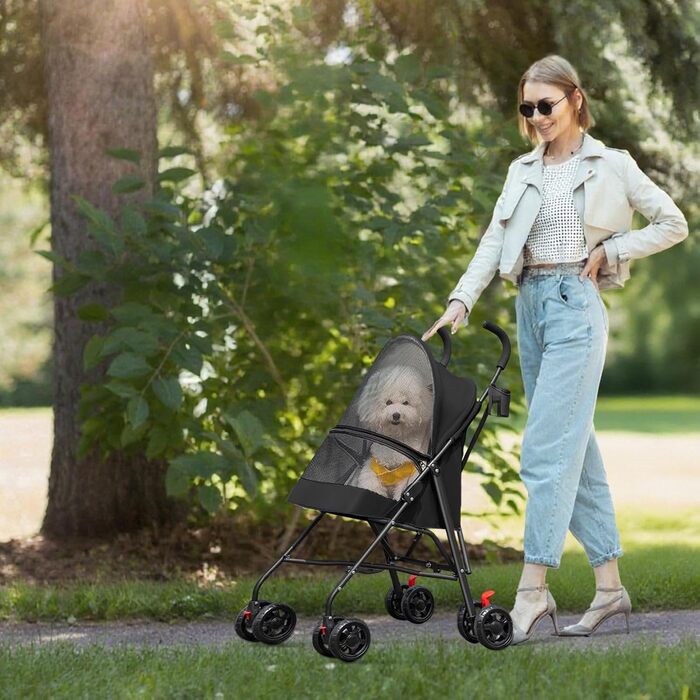 Дитяча коляска для собак та котів, складана, чорна, до 20 кг, з гальмами, великий кошик, 3 вікна, тримач для напоїв, 97 x 45 x 55 см