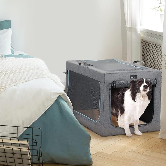 Складаний бокс для собак середніх порід Petsfit, зручна переноска для дому та подорожей, регульований розмір, міцні сітчасті вікна, товста плюшева підстилка, розмір M, сірий