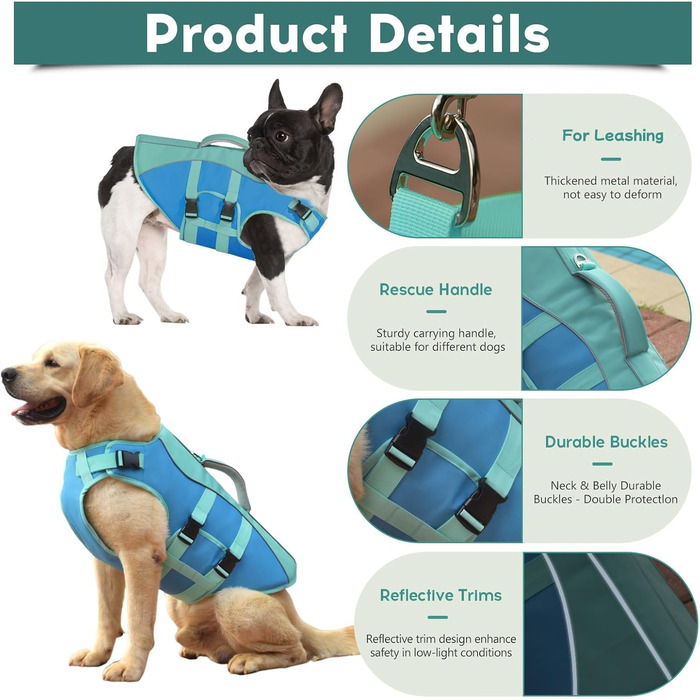 Жилет для плавання собак великий, рятувальний жилет для собак, для плавання та катання на човні, світловідбиваючий жилет для цуценят з високою плавучістю та ручкою для порятунку, регульований, великий розмір (обхват грудей: 19.7-29.5'') (середній (обхват 