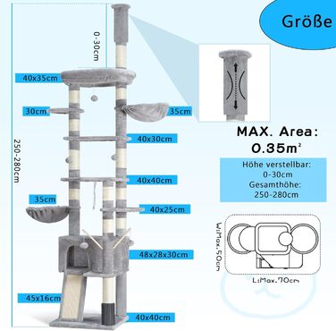 Котячий будиночок Hey-brother Kratzbaum: регульований котячий комплекс 250-280 см, до стелі, для великих котів, з гніздом, сірий, 0MPJ091W
