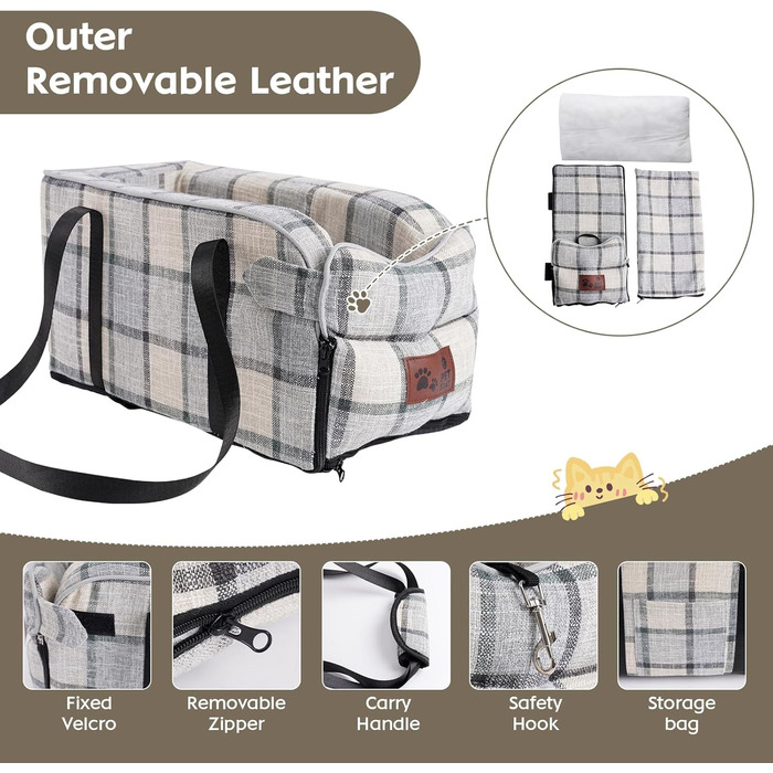 Автокрісло для собак та котів, середньої консолі, стабільне, з ременем, знімний, миючий, для собак та котів середніх порід до 6 кг (у клітинку)