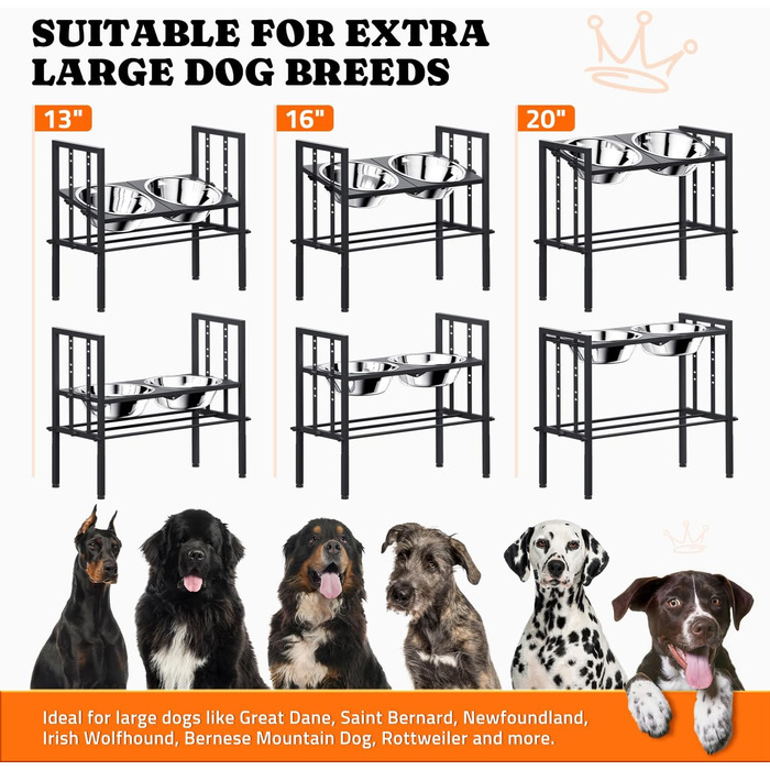Підвищені годівниці для собак великих порід – металеві годівниці з 3 регульованими рівнями, стійкий підставник для великих та екстра-великих собак (Об'єм: 13 чашок*2), чорного кольору з підлогою-мат