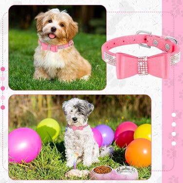 Набір з 2 ошийників для собак та мисок для котів з блискучими стразами, нержавіюча сталь, для цуценят та маленьких собак/котів, рожевий