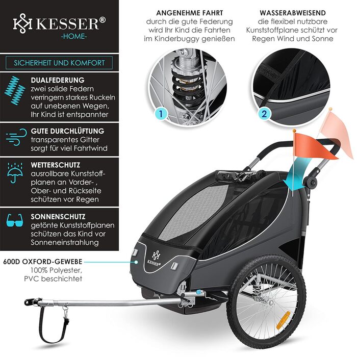Дитячий велопричіп KESSER® 2в1 з поворотним механізмом 360° та амортизацією. Підходить для 1-2 дітей (до 40 кг). У комплекті прапор. Чорний / Антрацитовий