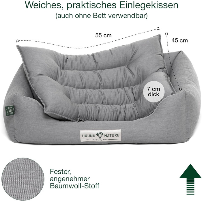 HOUND & NATURE: М'яке ліжко для собак Bern, розмір S (75x60 см), світло-сіре - кушетка для маленьких собак, знімний чохол, легко миється