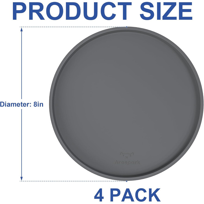 Силіконовий килимок для годування домашніх тварин Arespark: неслизький, водонепроникний, з піднятими бортиками, запобігає розливу, круглий, 20.3 x 20.3 см, 4 шт.