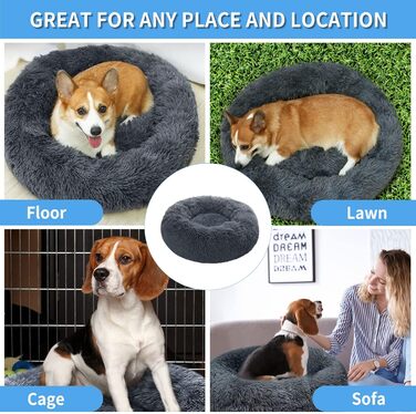 М'яке кругле ліжко для собак та котів 60 см – зручне лежанка-пончик для маленьких собак та котів, миється, не ковзає, плюшеве ліжко для тварин, сірий (L 50 x W 50 x H 20 cm, темно-сірий)