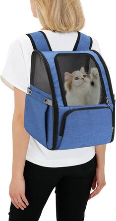 PETCUTE Рюкзак для собак та котів, дихаючий, з внутрішнім ремінком безпеки, розкладний, з бічними кишенями, для маленьких собак та котів (Блакитний)