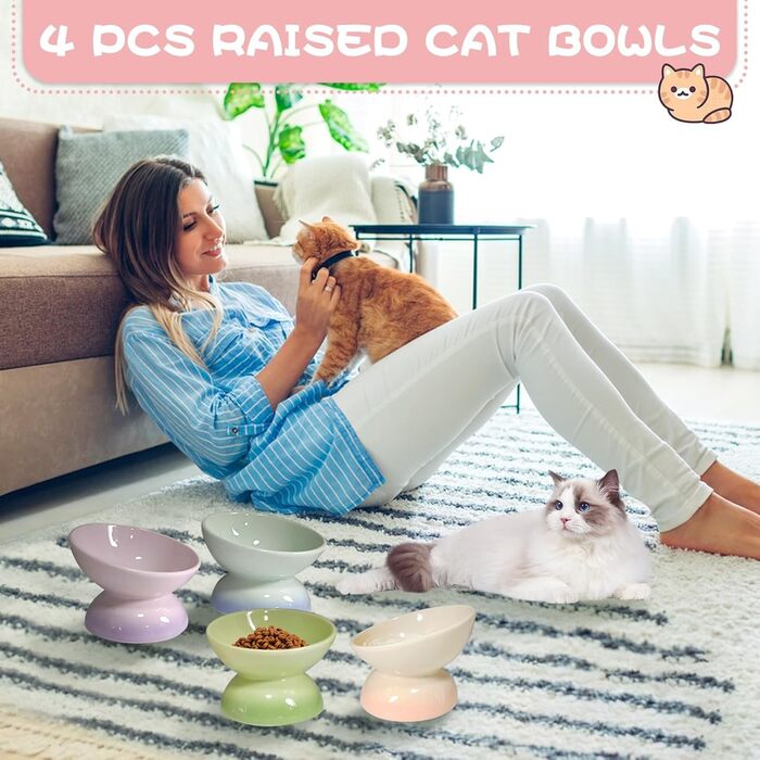 Підвищений годівниця для котів та маленьких собак Kathson, кераміка, нахилена, проти блювоти, 4 шт. (Blue, Green, Purple, Pink)