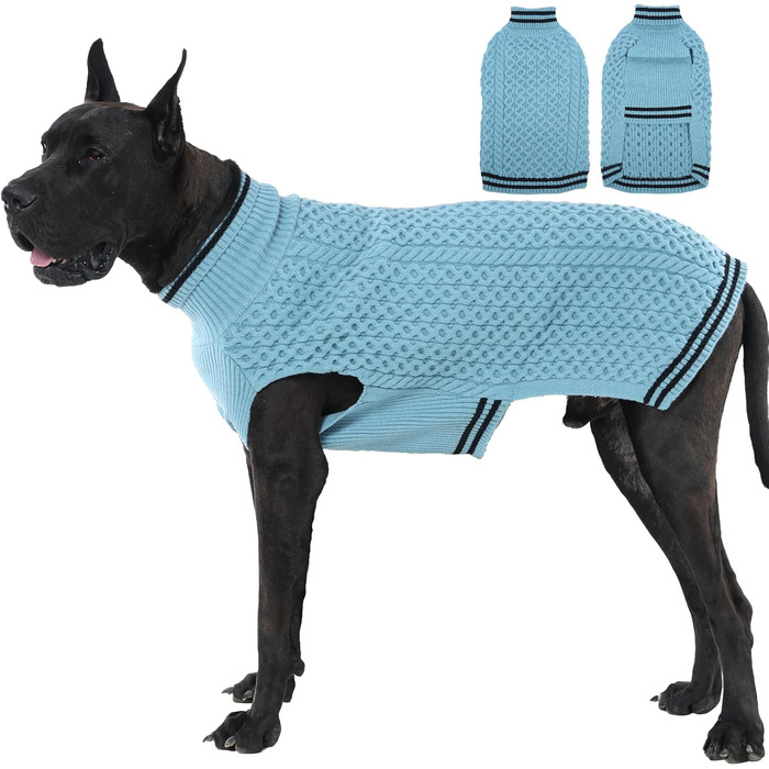 Синій теплий зимовий пуловер для собак середнього розміру з коміром-горловиною, в'язаний з косами, для дівчаток, XXXXL (тепла собача одіяння, набір, для холодної погоди, на Різдво)