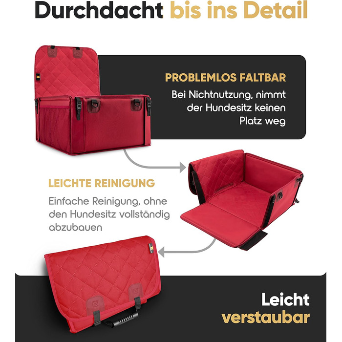 Автокрісло для собак HELDENWERK Extra Stabiler - надійне, водонепроникне, з 5 ременями, для заднього та переднього сидіння (Червоний, Стандартний розмір)