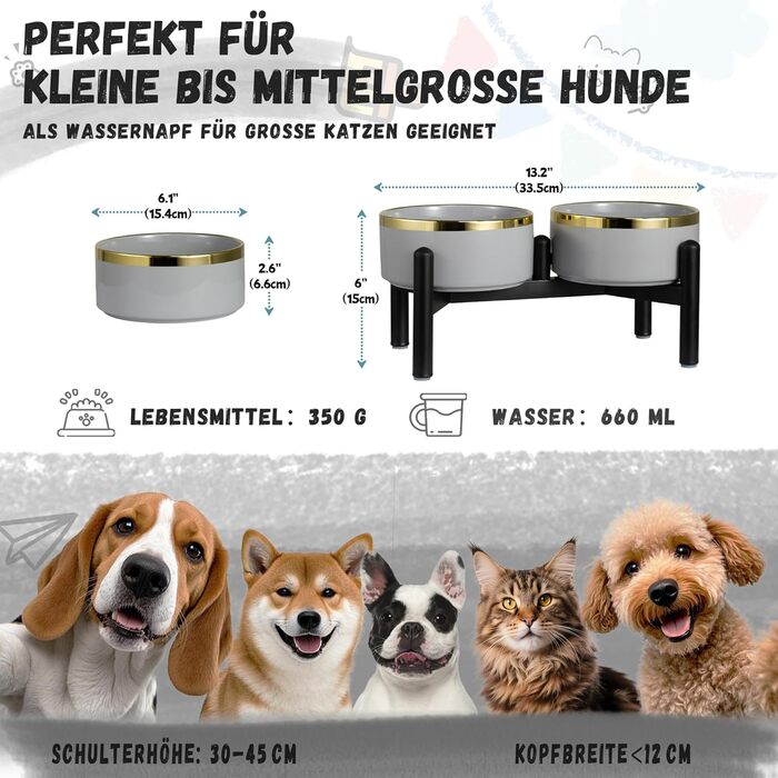 Керамічна годівниця для собак на підставці з нержавіючої сталі - подвійний набір мисок для собак, невеличких та середніх порід - неслизький набір мисок для корму та води - 350г / 660мл - 15см - сірий M сірий