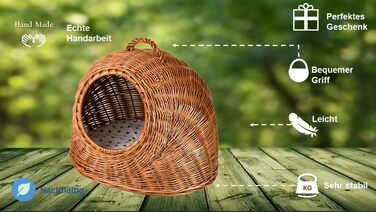 Будиночок-лежак для котів MyBer з лози з подушкою, кошик для транспортування кота, котяча хатка