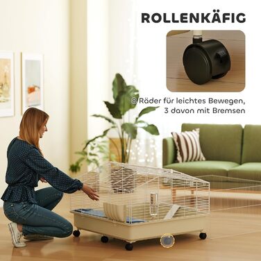 Клітка для дрібних тварин PawHut з вольєром, клітка для кроликів, клітка для дрібних тварин з пляшкою для води, годівницею для сіна, рампою, коліщатками. Підходить для морських свинок та їжаків. Білий колір.