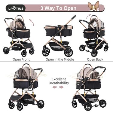 3 в 1 Візок для собак з знімним сидінням, будіжок, переноска, складаний, для домашніх тварин, візок для дітей до 25 кг, Рожевий, Шампань