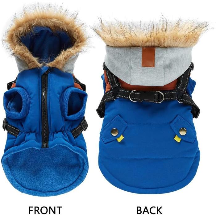 Тепла куртка-худі для собак маленьких та середніх порід, водонепроникна та вітронепроникна. З світловідбиваючим кріпленням для шлейки. Синій колір, розмір X