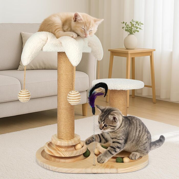Інтерактивна іграшка для котів 6 в 1, дерев'яні котячі меблі з підвісними кульками, пір'ями, поворотним шариком, котячий когтетоп з сизалю та джуту для кошенят та середніх котів, зелений (білий)