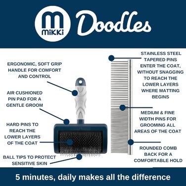 Набір для догляду за шерстю собак та цуценят Mikki: гребінець зі сталі та щітка Slicker з жорстким ворсом. Підходить для порід: пуделів, кокапу, лабрадуділів, кавапу, мальтипу та голден дуділів.