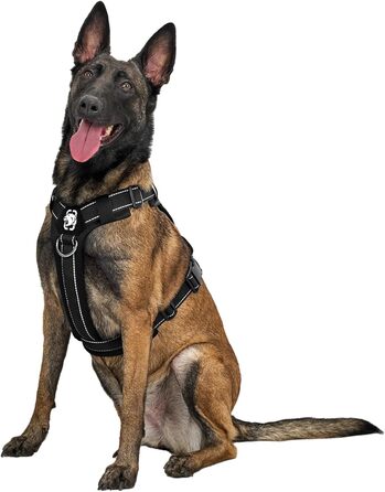 Нагрудник для собак OneTigris, тактичний, м'який, з відбиваючими елементами, 1 ручка, 3 D-кільця (XL, чорний)