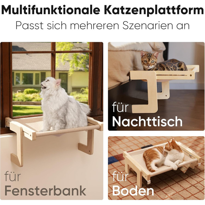 Підвісна лежанка для котів FUKUMARU, лежанка на підвіконник та підлогу, для великих котів, міцна конструкція з дерева та металу, трансформована лежанка, легка у збиранні, бежева