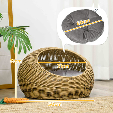 PawHut Rattan Cat Basket Cat House з подушкою для котів до 4 кг, кімнатна котяча печера з поліетиленового ротанга, Ø50 x 31 см, світло-коричневий для затишного відпочинку