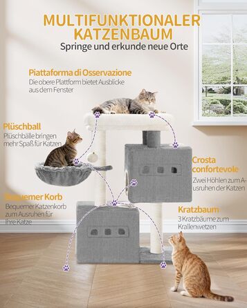 Дерево для кігтів Hzuaneri Kratzbaum 75 см, кігтеточка для котів з лежаком, будиночком, сизалевими стовпчиками та іграшками, сірий колір, MS07618LG
