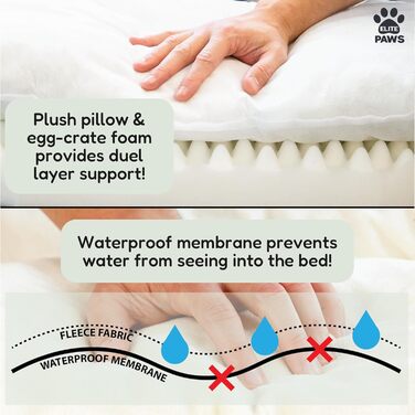 Ліжко для собак Elite Paws UK: ортопедичне, з двошаровим шаром піни та плюшевою подушкою, підтримка голови, шиї та суглобів, знімний чохол з флісу кремово-сірого кольору