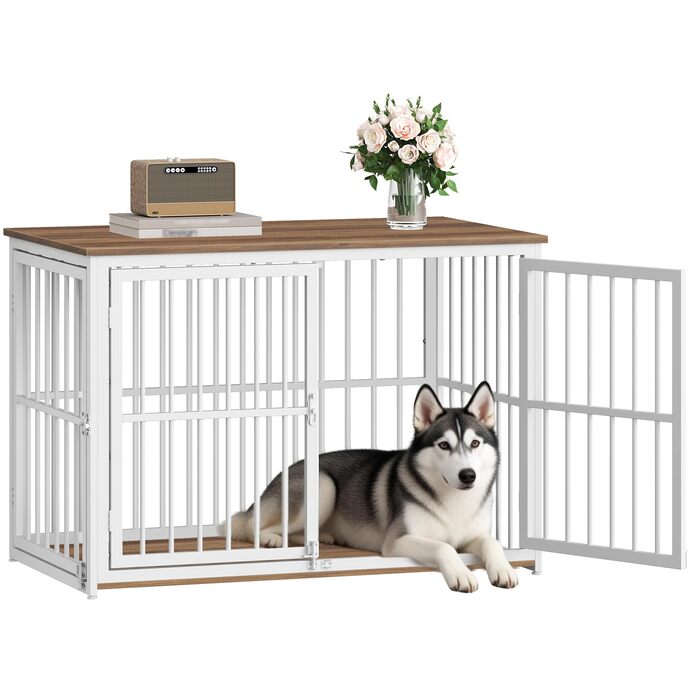 Будиночок для собаки 100x60x70 см, дерев'яний, з 3 дверима, вінтажний коричнево-білий, для середніх та великих порід