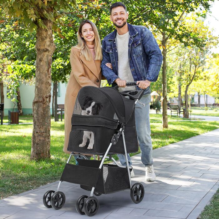 Візок для собак YITAHOME, середній розмір, 4 колеса, з кошиком для зберігання, складаний, з тримачем для напоїв (чорний, без дощового покриття)