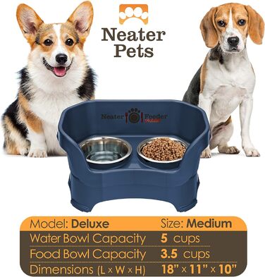 Neater Feeder Deluxe – антиплямові підставки для собак середніх порід, підвищені, з нержавіючої сталі, нековзкі, темно-сині