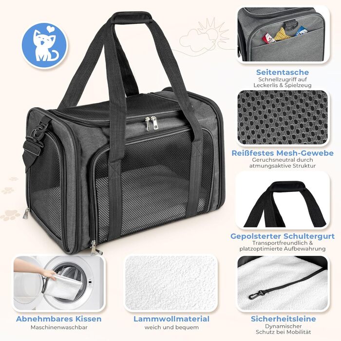 Транспортна сумка для кота/собаки до 5 кг, сіра, 43 x 28 x 28 см