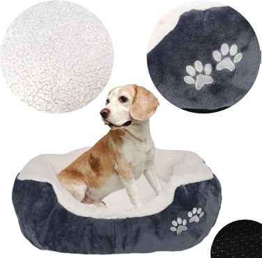 М'яке та пухнасте ліжко для собак та котів 57x52x16 см - зручне лежання з підвищеним бортиком, антиковзаюче дно, міцне та легке у догляді - біле/графіт