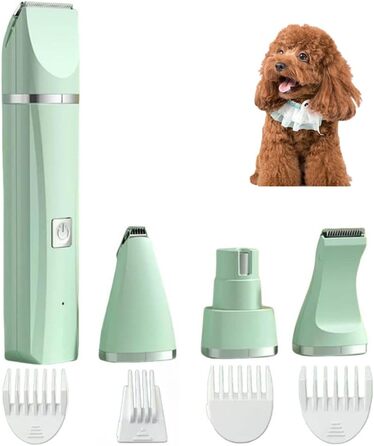 Триммер для грумінгу Tierbedarf Plus 4-в-1: тиха собача машинка, водонепроникна (IPX7), для собак, котів та кроликів. 4 насадки, зелений колір
