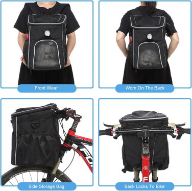 PETCUTE Фарбований кошик для собак і котів на велосипед, чорний, з світловідбиваючими смугами та світлом