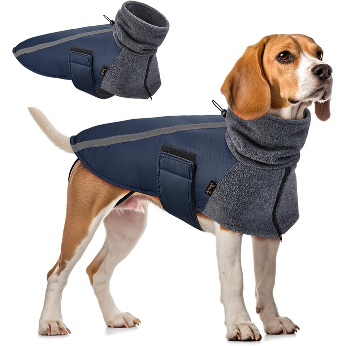 Зимова куртка для собак SlowTon з флісу, тепла, водонепроникна, вітронепроникна, з коміром-гетром та світловідбиваючими смугами, регульована, для цуценят (Темно-синій, M+)
