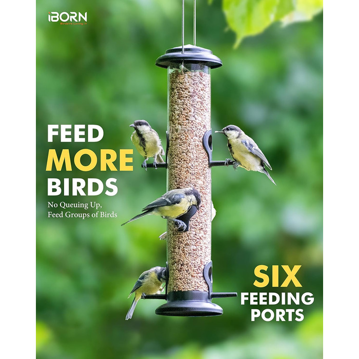 iBorn годівниця для птахів 35,6 см, металева, з 6 сідал, підвісна годівниця для диких птахів, чорна