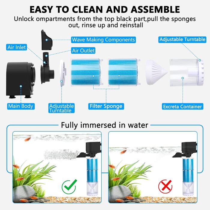 Акваріумний фільтр Fishkeeper 10W, 570 л/год: внутрішній фільтр з регулюванням потоку, 4-в-1, тихий, для акваріумів 60-300 л, легко миється