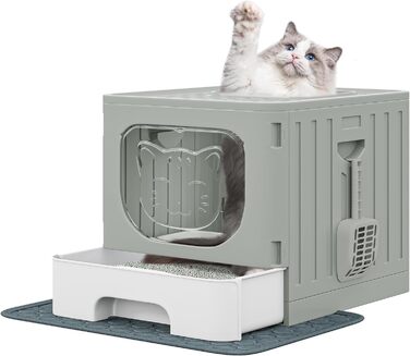 YITAHOME велика закрита котяча туалет з кришкою, без запаху, з висувним лотком і совком, складна, сіра