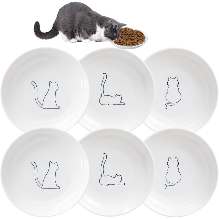 Набір мисок для котів з кераміки, 6 шт. - плоскі миски для котів та дрібних тварин, сучасний дизайн