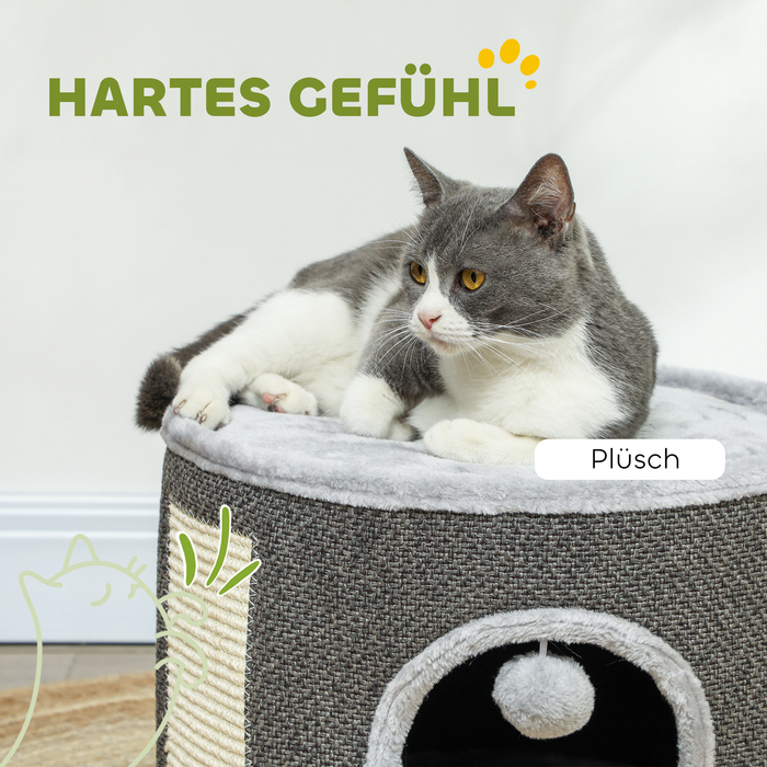 Бочка для дряпання PawHut, висота 30 см Бочка для кішок з печерою, кігтеточка, котяча вежа з сизалю, для котів до 5 кг, темно-сіра | Аосом