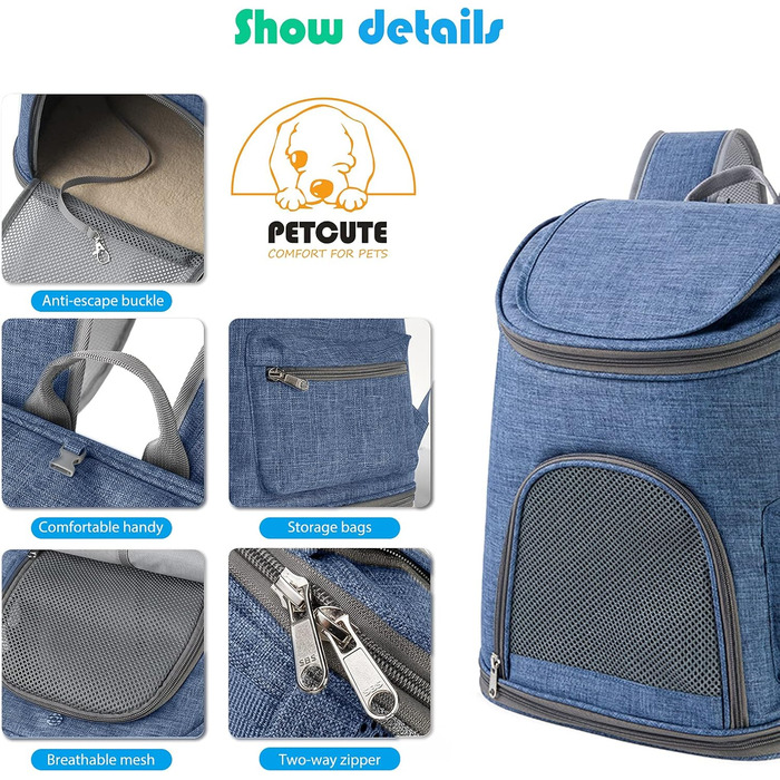 PETCUTE Рюкзак для собак, дихаючий, з м'яким матрацом, складний, з безпечною шлейкою, для подорожей, велосипеда, літака (Темно-синій 1)