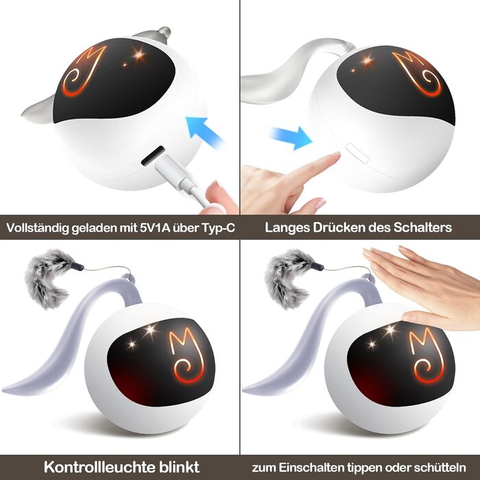 Інтерактивна іграшка для котів Migipaws: електричний м'ячик з пухнастим хвостом та іграшковою мишкою, акумуляторний, білий