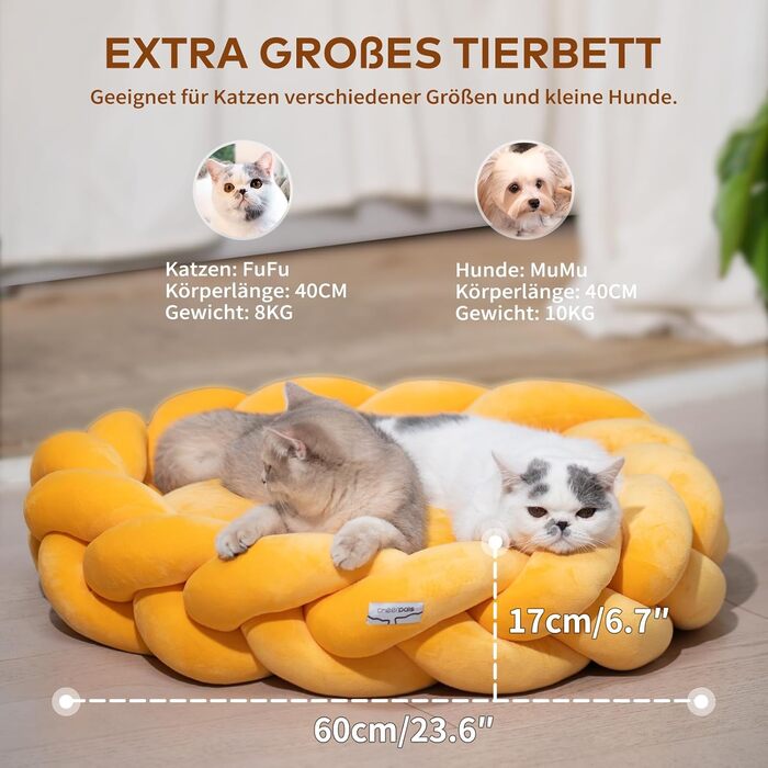 Катяме місце CheerPals 60 см, миється, плетене, м'яке ліжко-гніздечко для котів та маленьких собак, білий (жовтий)