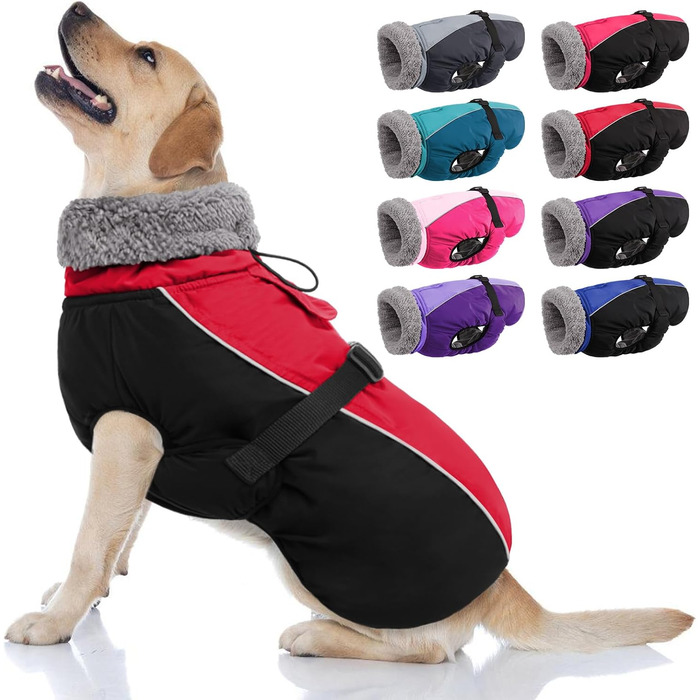 Зимовий теплий одяг для собак AOFITEE з коміром-гетром, регульована куртка для собак з отвором для повідка, водонепроникна куртка для собак на холодну погоду, підходить для собак маленьких, середніх та великих порід, червоний