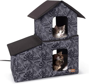 Двоповерховий вуличний котячий будиночок K&H PET PRODUCTS з їдальнею та обігрівом, сірий, 55,9x68,9x68,9 см