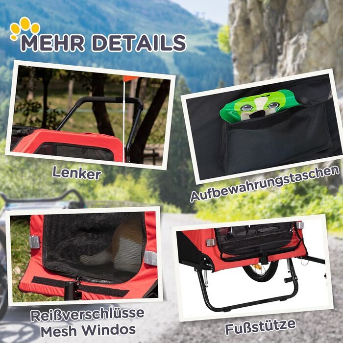 PawHut Причіп для собак 2-в-1, велосипедний причіп для собак, візок для собак з відбивачами, максимальне навантаження 30 кг, для великих собак, матеріал Оксфорд, червоний
