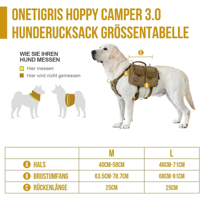 Шлейка для собак OneTigris з рюкзаком, Hoppy Camper 3.0, для кемпінгу та піших прогулянок, для середніх/великих собак, рюкзак на спину з 2 основними та 4 додатковими кишенями - Зелений (M, Коричневий)